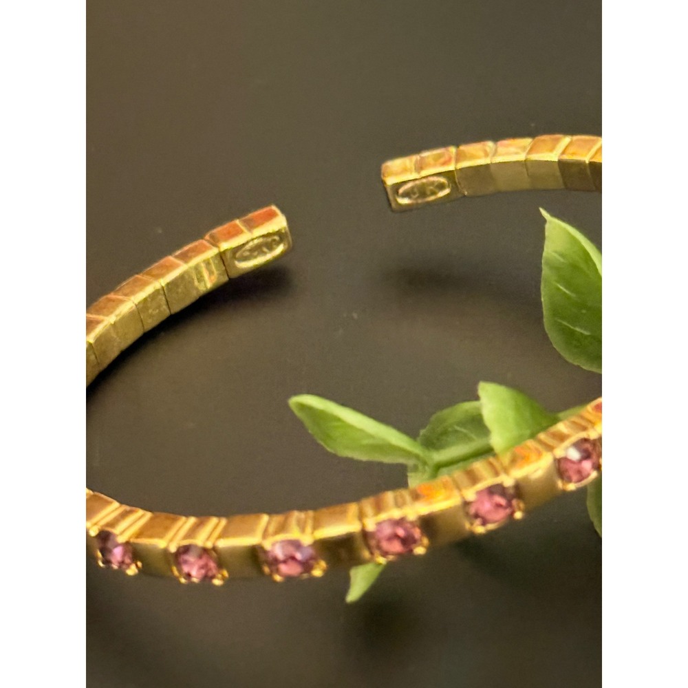 Vintage Joan Rivers Gold Tone Purple Rhinestone Ribbed Cuff Bracelet - Picture 11 of 12